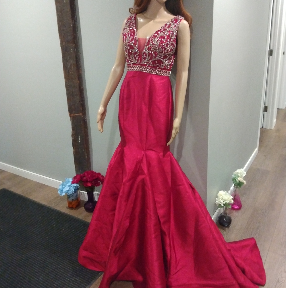 Vienna Prom Burgundy Rhinestone Train Gown